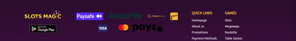 Payment methods shown in the SlotsMagic Ontario footer