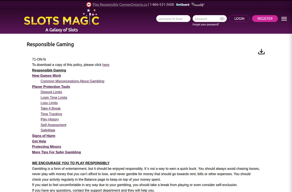 Player protection tools listed on the SlotsMagic Ontario responsible gaming page