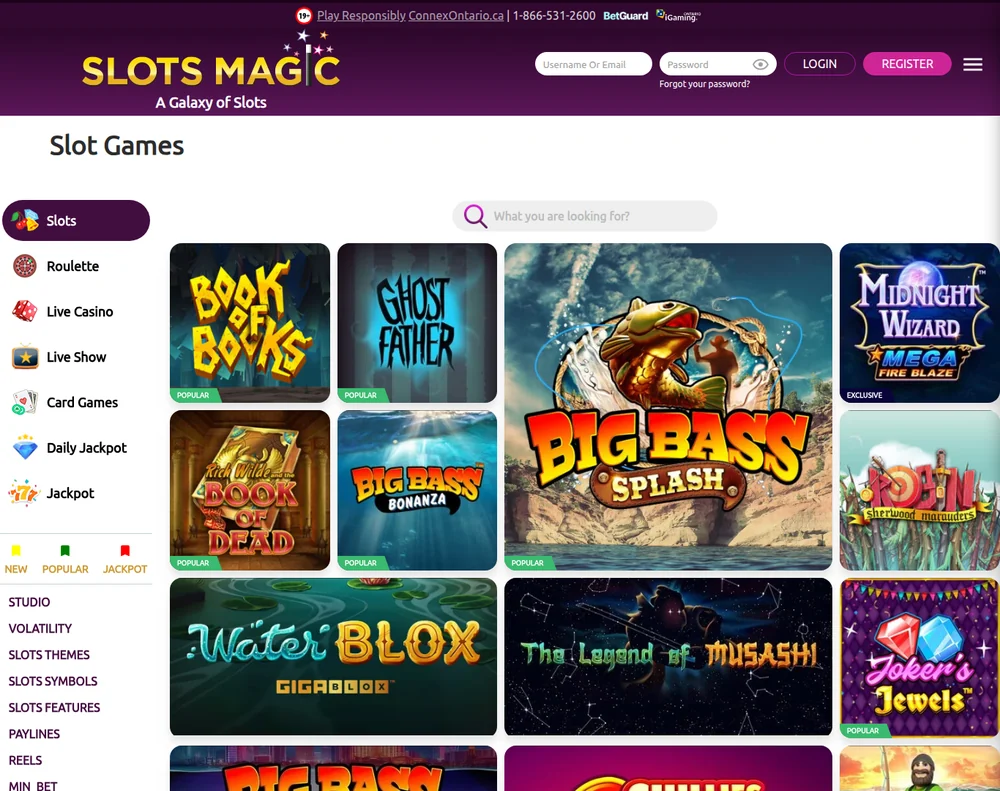 SlotsMagic Ontario slot lobby with studio and volatility filters down the left