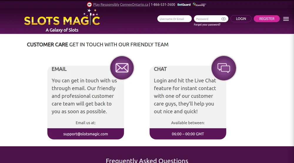 Customer care page at SlotsMagic Ontario showing email and chat hours