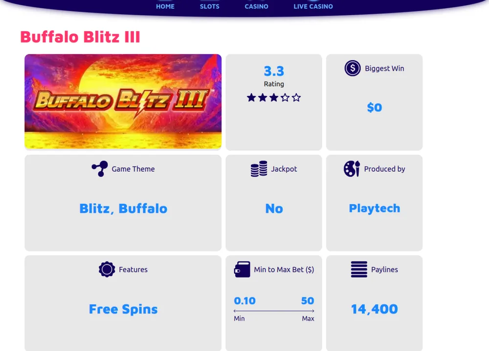 Buffalo Blitz III game page at Spin Genie Ontario showing Playtech as the studio