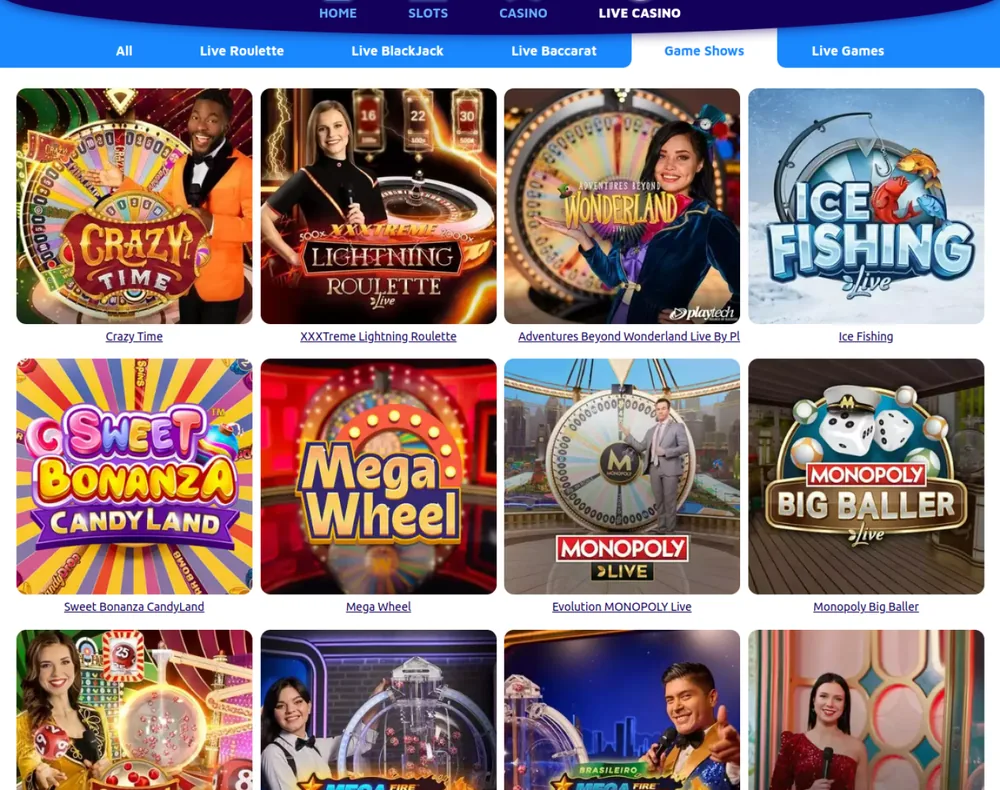 Live game shows at Spin Genie Ontario including Crazy Time and Mega Wheel