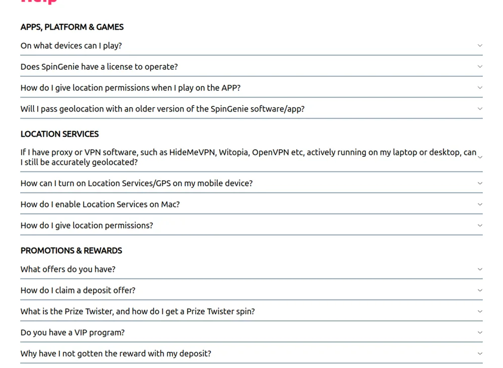Spin Genie Ontario help centre categories for apps, location services and rewards