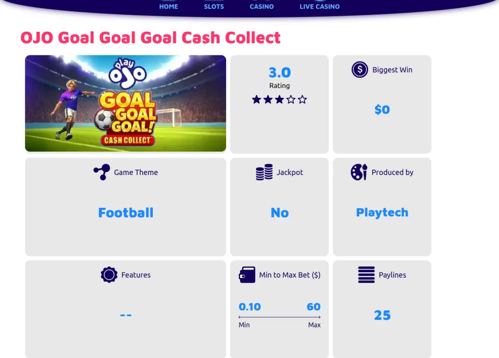 OJO Goal Goal Goal Cash Collect game page at Spin Genie Ontario