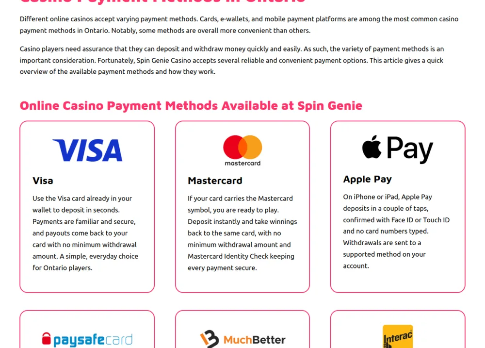 Payment methods accepted at Spin Genie Ontario