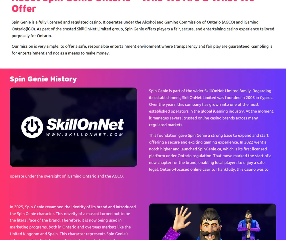Spin Genie about page naming the SkillOnNet group