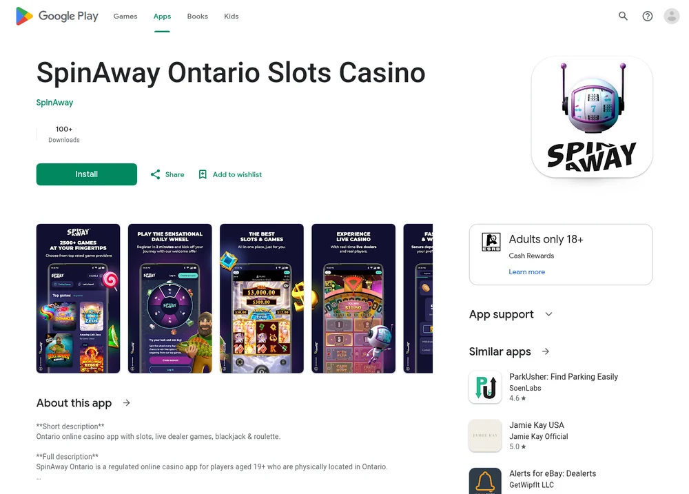 The SpinAway Ontario Slots Casino listing on Google Play