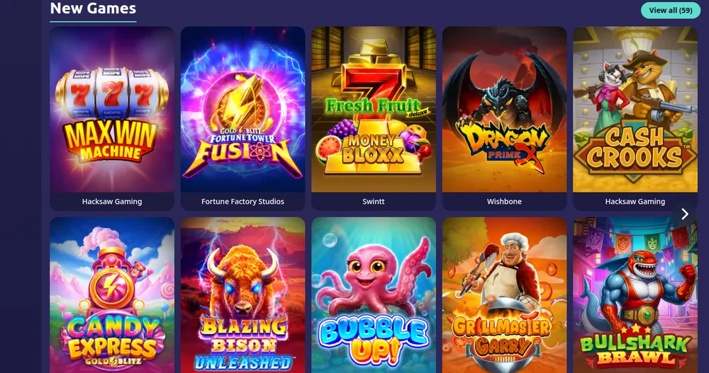 The New Games shelf on SpinAway's non-Ontario Canadian site, with each tile labelled by studio