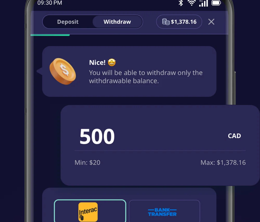 The SpinAway Ontario cashier on the Withdraw tab, showing a $20 minimum and Interac and bank transfer as payout methods