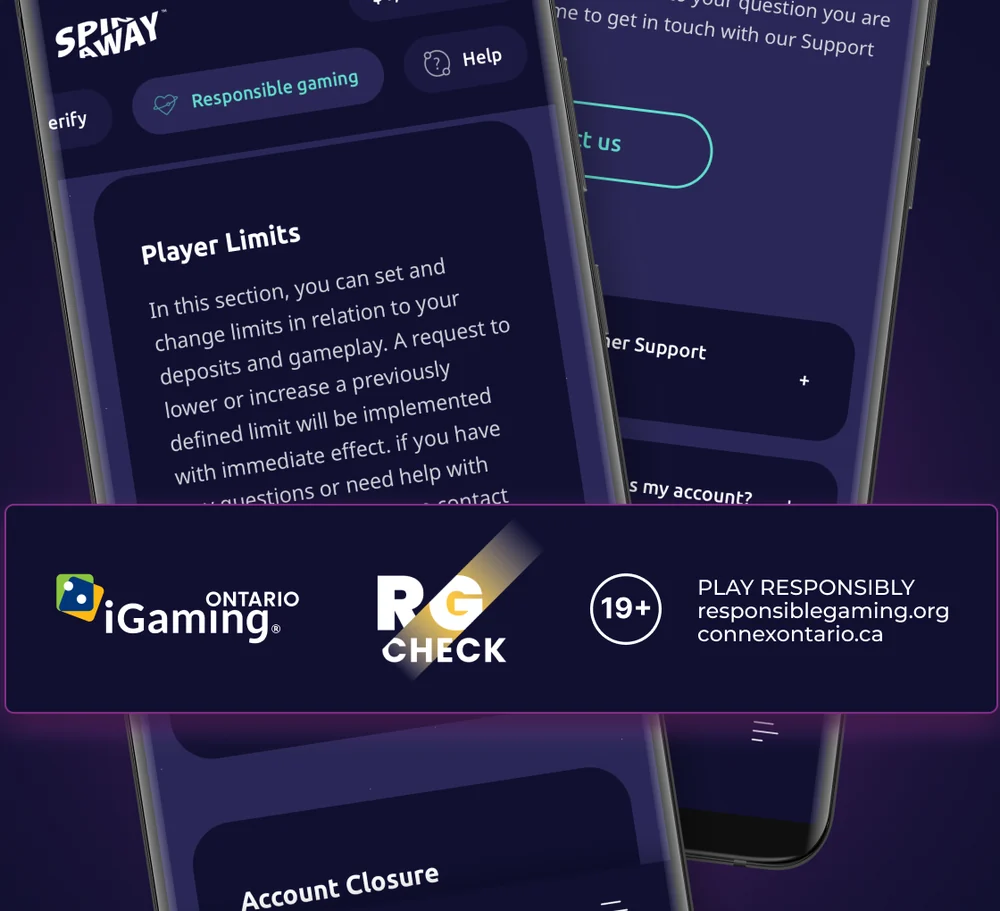 Player Limits and Account Closure in the SpinAway Ontario app, above the iGaming Ontario, RG Check and 19+ marks