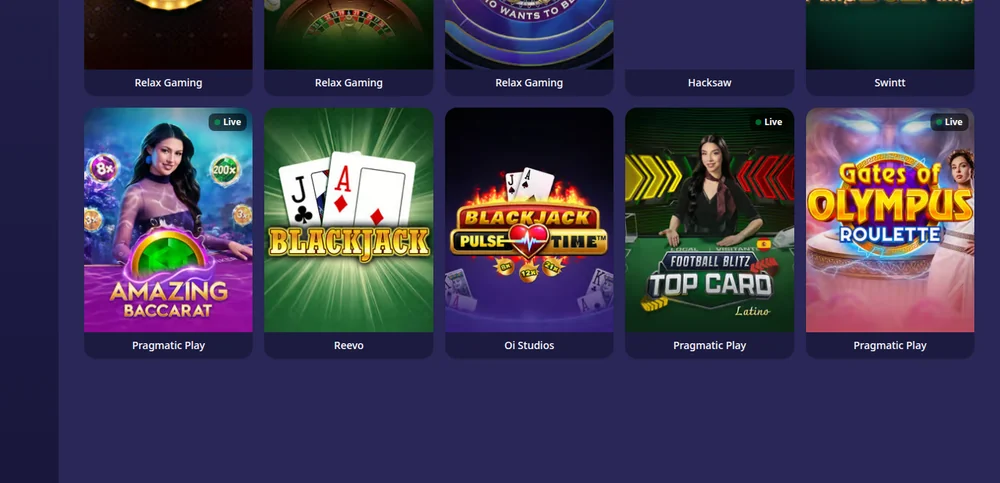 Blackjack, baccarat and card game tiles on SpinAway, each labelled with its studio