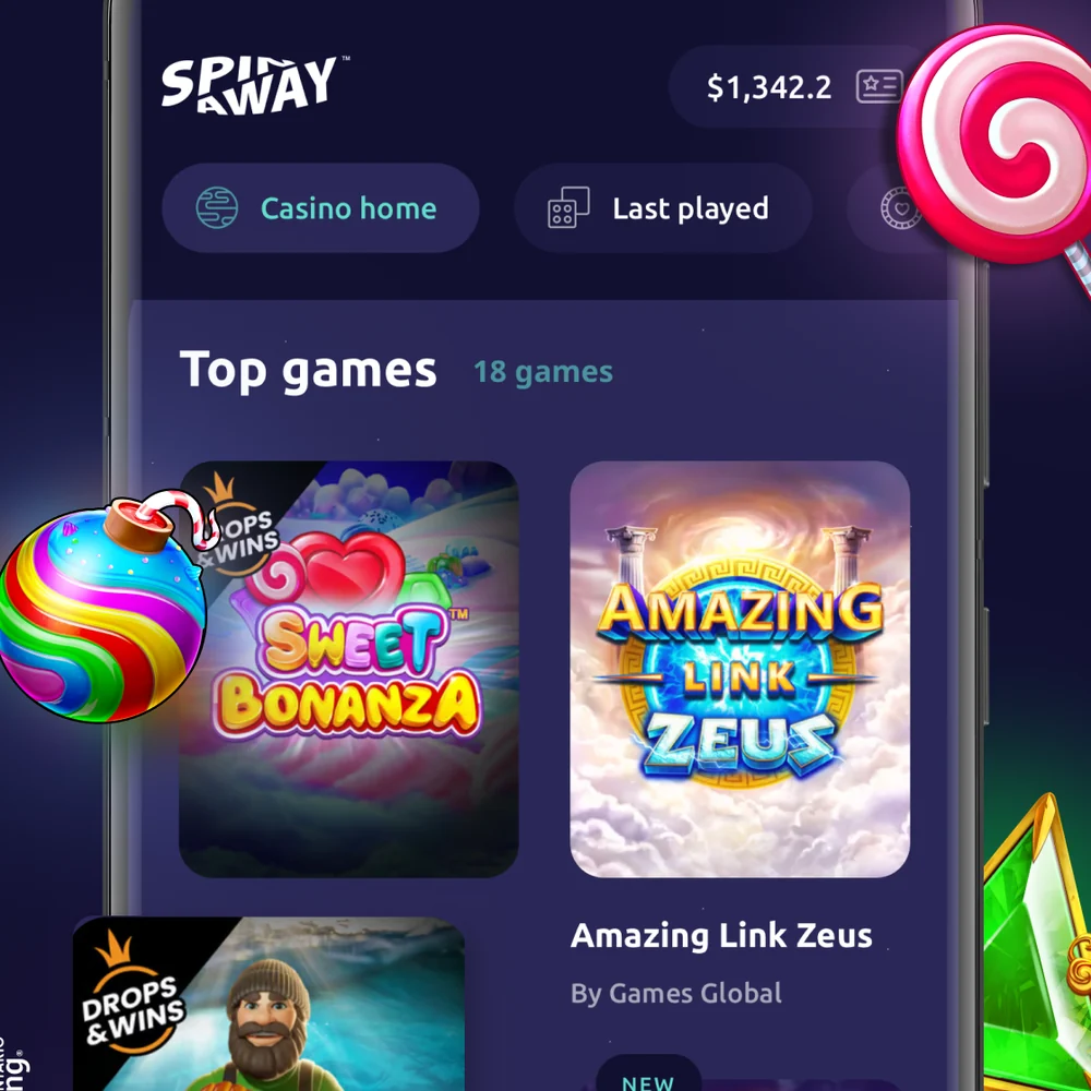 The Top games shelf in the SpinAway Ontario app, showing Sweet Bonanza, Amazing Link Zeus, Big Bass Bonanza and Blazing Bison