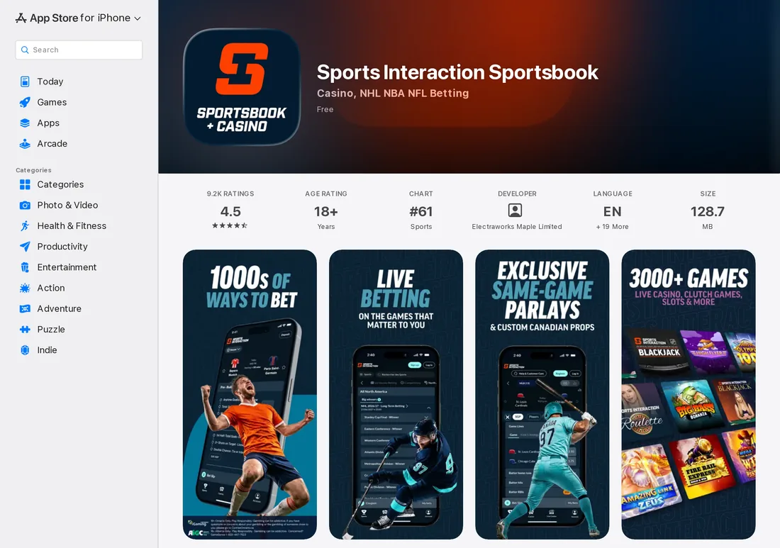 Sports Interaction Sportsbook on the Canadian App Store, rated 4.5 from 9,233 ratings