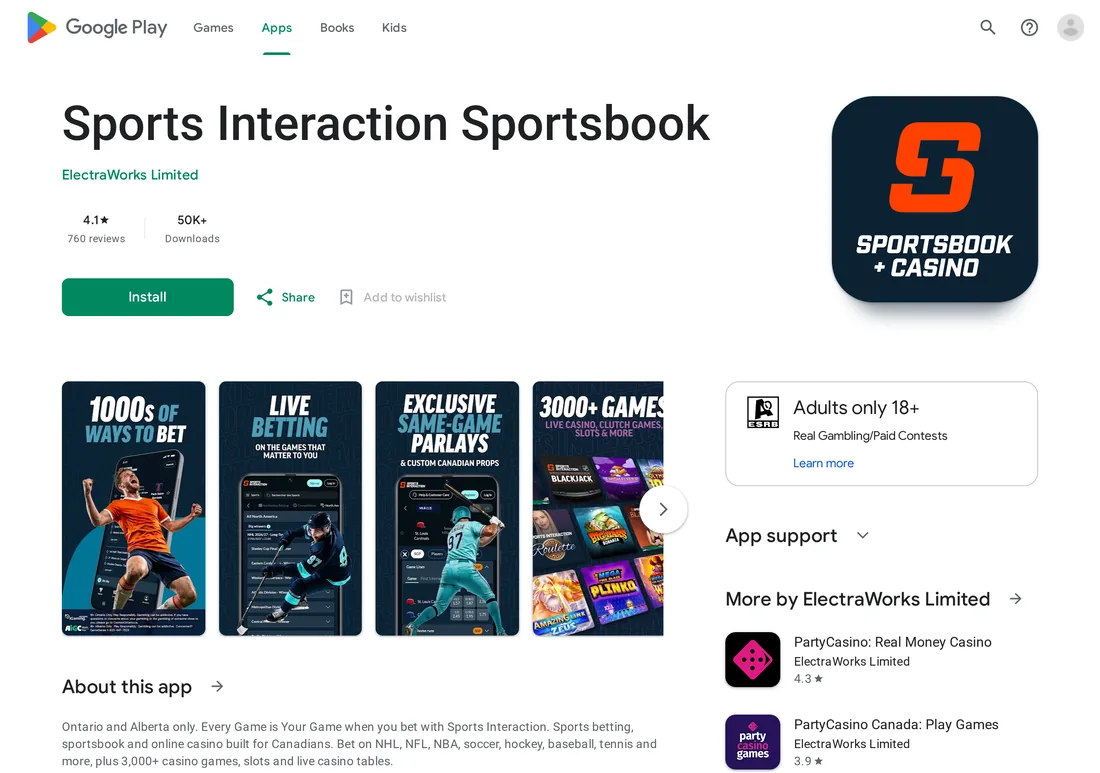 Sports Interaction Sportsbook on Google Play Canada, rated 4.1 from 760 reviews