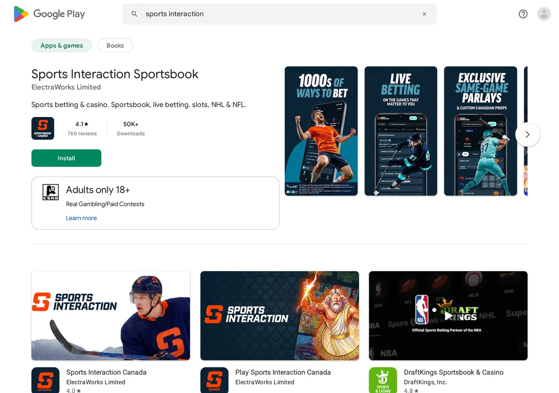 Google Play Canada search results showing three different official Sports Interaction apps