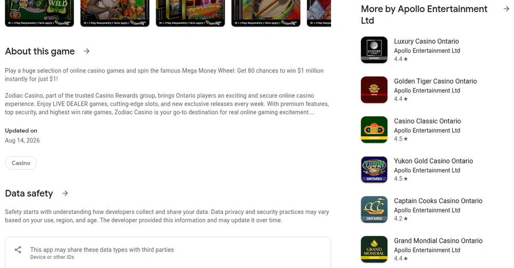 The Zodiac Casino Ontario listing on Google Play, with the More by Apollo Entertainment Ltd column showing the sister casinos published by the same company