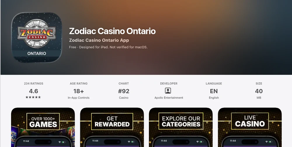 The Zodiac Casino Ontario App Store page, published by Apollo Entertainment, rated 4.6 from 234 Canadian ratings and carrying an 18+ age rating