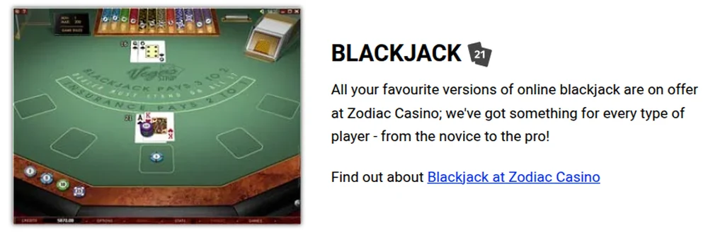 The blackjack section of the Zodiac Casino Ontario games page, showing a table whose felt reads Blackjack Pays 3 to 2