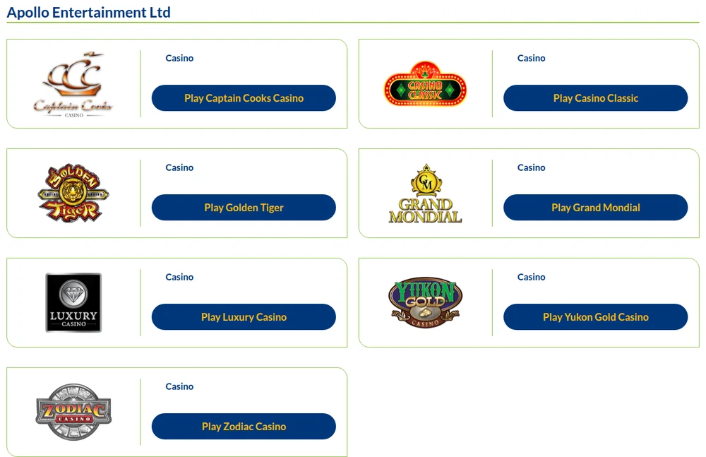 The iGaming Ontario register filtered to Apollo Entertainment Ltd, listing all seven casinos the company runs in the province: Captain Cooks, Casino Classic, Golden Tiger, Grand Mondial, Luxury Casino, Yukon Gold and Zodiac Casino