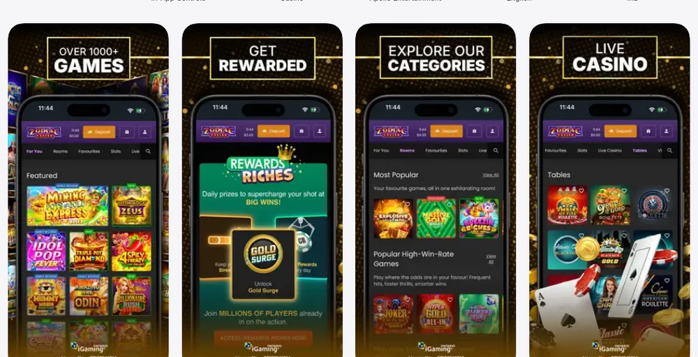 The Zodiac Casino Ontario App Store listing, whose four store creatives advertise over 1000 games, rewards, categories and a live casino