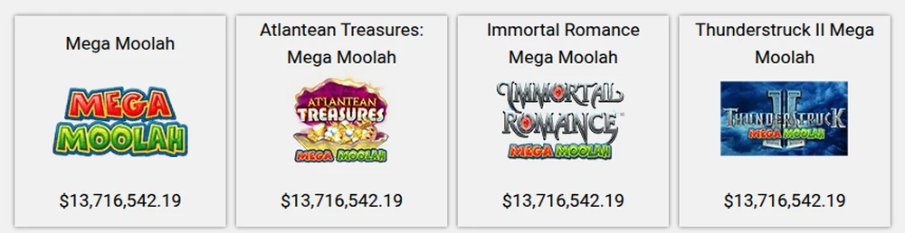 Four Mega Moolah network games on the Zodiac Casino Ontario jackpot board — Mega Moolah, Atlantean Treasures, Immortal Romance and Thunderstruck II — all reporting the identical figure of $13,716,542.19