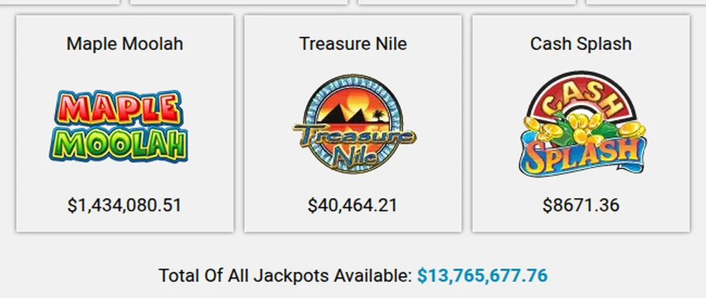 The standalone progressives on the Zodiac Casino Ontario jackpot board: Maple Moolah at $1,434,080.51, Treasure Nile at $40,464.21 and Cash Splash at $8,671.36, above a combined total of $13,765,677.76