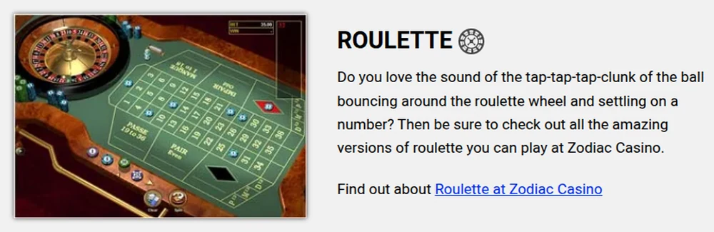 The roulette section of the Zodiac Casino Ontario games page, showing a wheel and layout but no table list, variants or limits