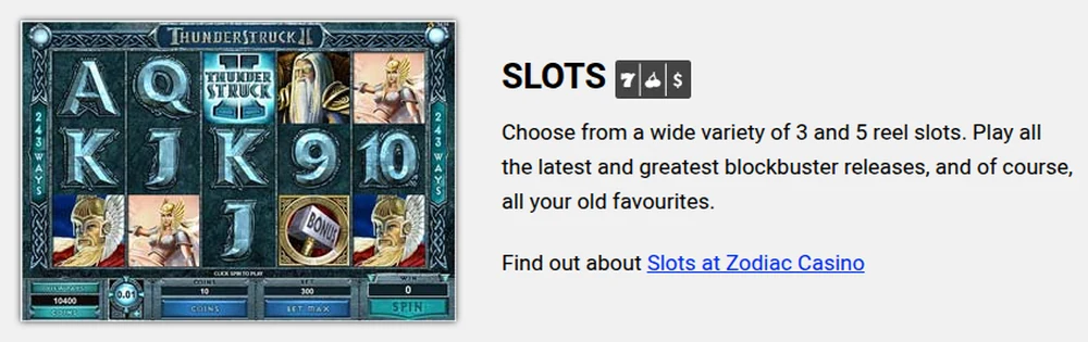 The slots section of the Zodiac Casino Ontario games page, with a Thunderstruck II reel set and the operator’s own description of its slot range