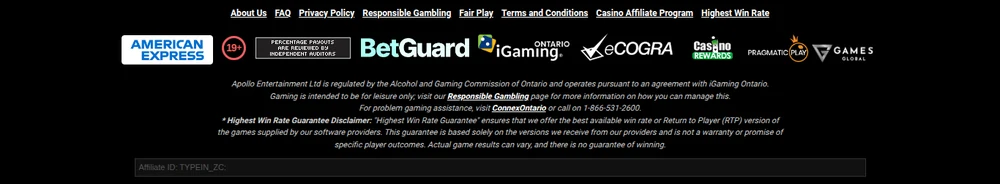 The Zodiac Casino Ontario site footer, carrying the Pragmatic Play and Games Global marks alongside iGaming Ontario, eCOGRA, BetGuard and the Apollo Entertainment regulatory statement