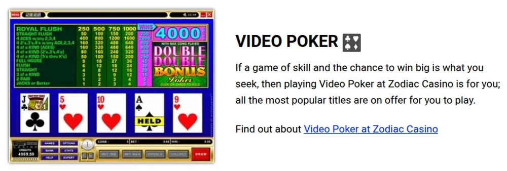 The video poker section of the Zodiac Casino Ontario games page, showing a Jacks or Better style machine with its paytable printed on screen