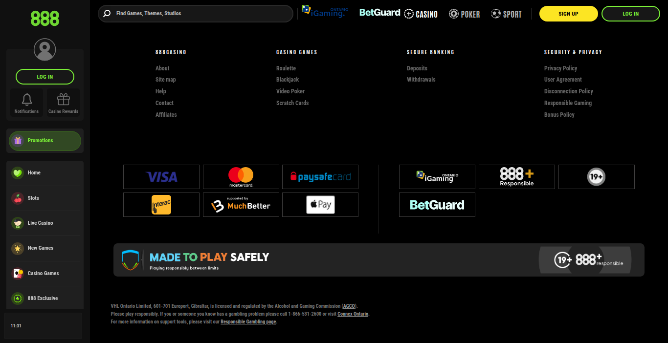 The 888casino.ca footer naming VHL Ontario Limited, the AGCO, and the six payment methods