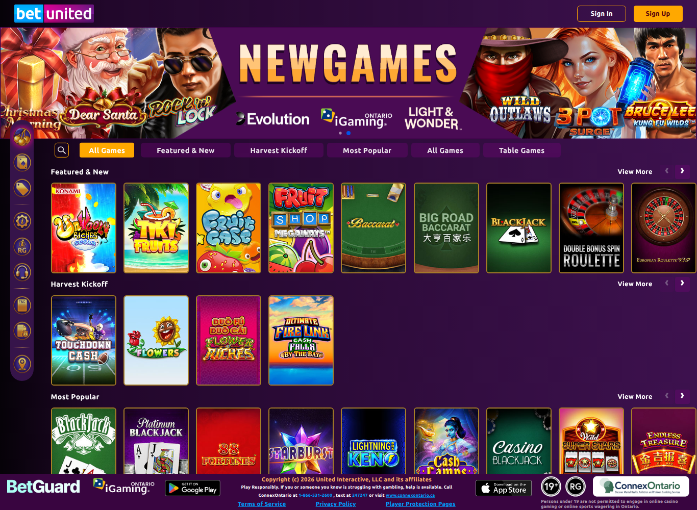 The BetUnited Ontario lobby, showing the game shelves and the iGaming Ontario and ConnexOntario marks in the footer