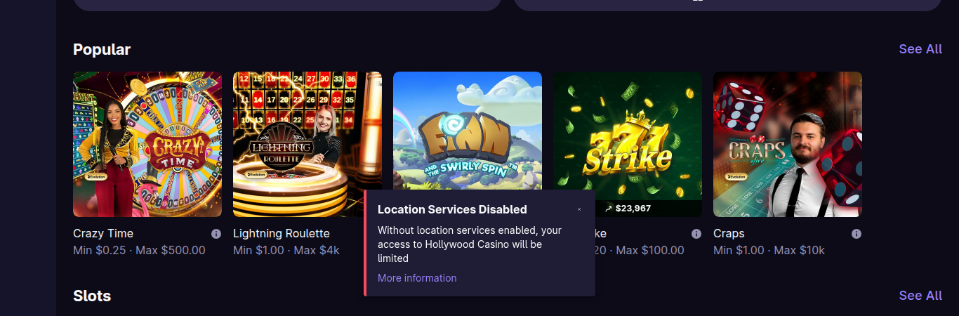 The Popular shelf in the Hollywood Casino Ontario lobby, with the location-services notice that appears when geolocation is switched off