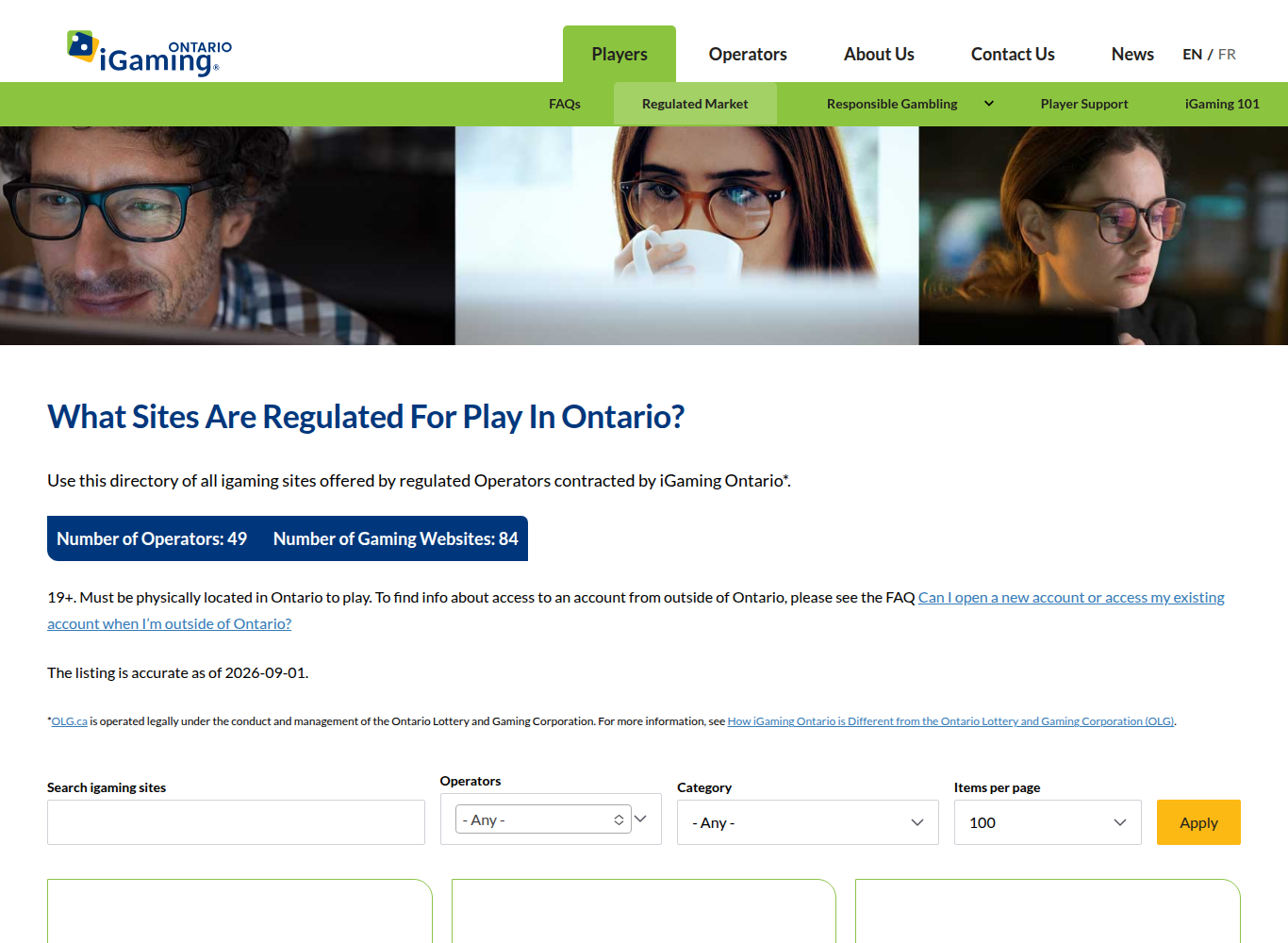 The iGaming Ontario register of authorised gaming sites, showing 49 operators and 84 gaming websites, with the listing dated 1 September 2026
