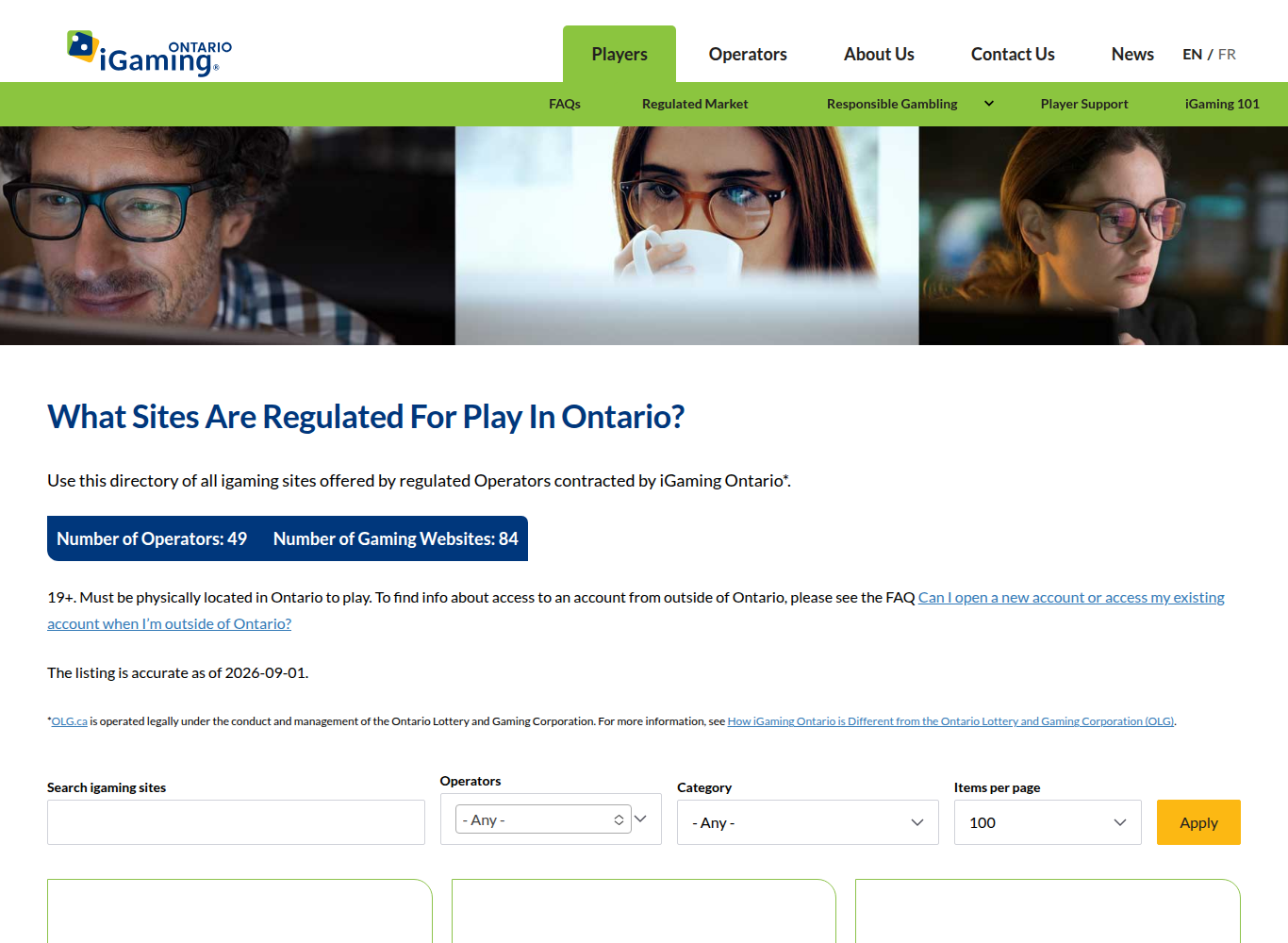 The iGaming Ontario register of regulated sites, showing 49 operators and 84 registered gambling websites, captured 1 September 2026