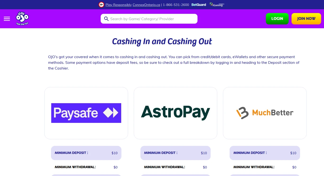 The PlayOJO Ontario banking page, listing a $10 minimum deposit and a $0 minimum withdrawal for each payment method