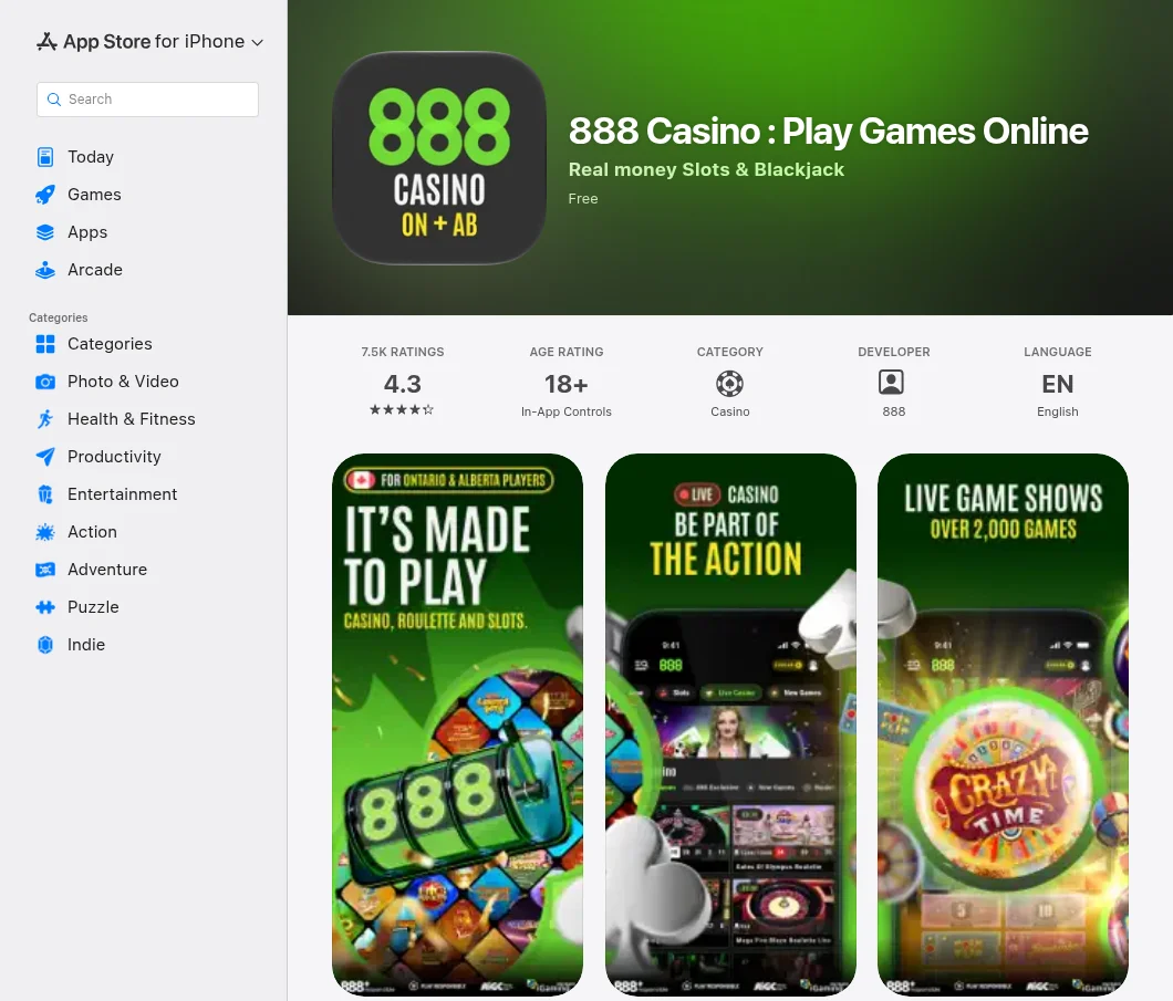 The 888 Casino : Play Games Online listing in the Canadian App Store with 7.5K ratings and a 4.3 score