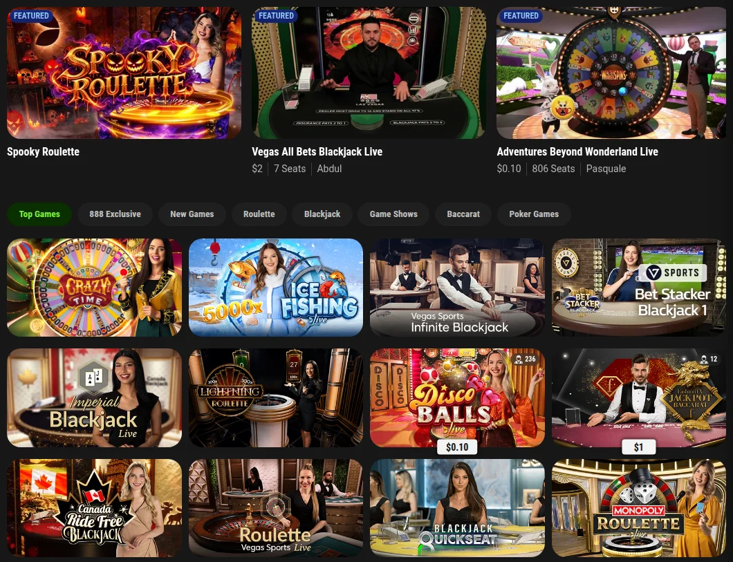 The 888casino.ca live casino lobby with filters for 888 Exclusive, Roulette, Blackjack, Game Shows, Baccarat and Poker Games