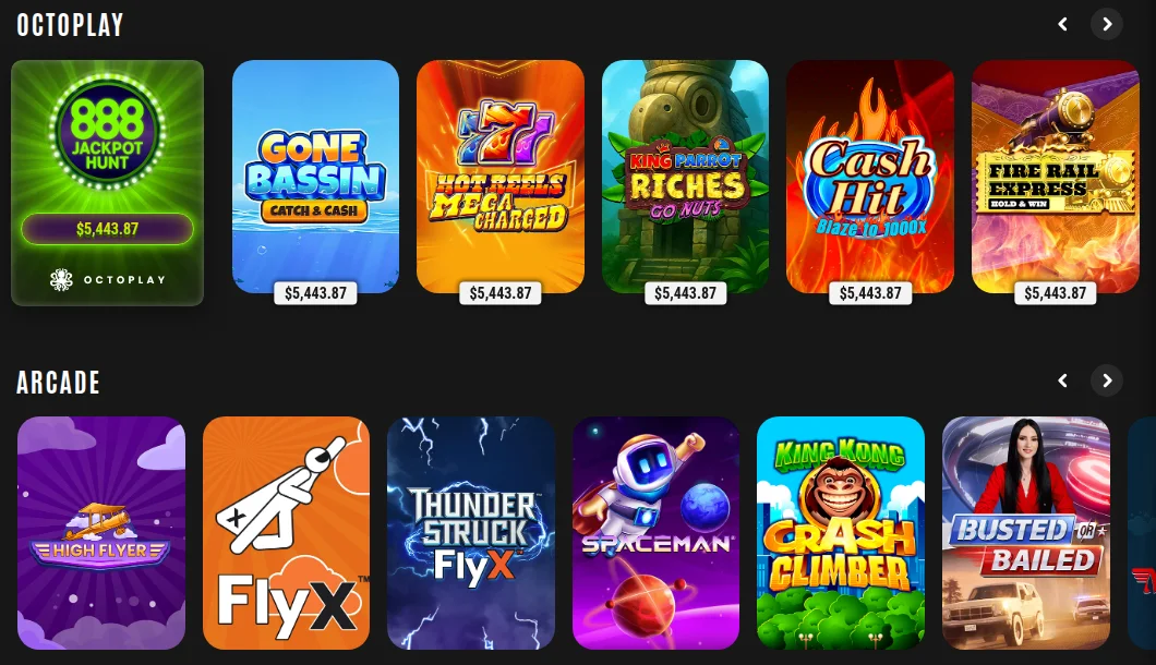 The Octoplay jackpot shelf and the Arcade crash-game shelf in the 888casino.ca slots lobby