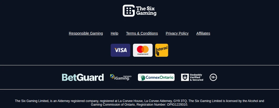Amazon Slots Ontario footer: Visa, Mastercard and Interac, BetGuard, iGaming Ontario and ConnexOntario marks, and The Six Gaming Limited AGCO registration OPIG1229310