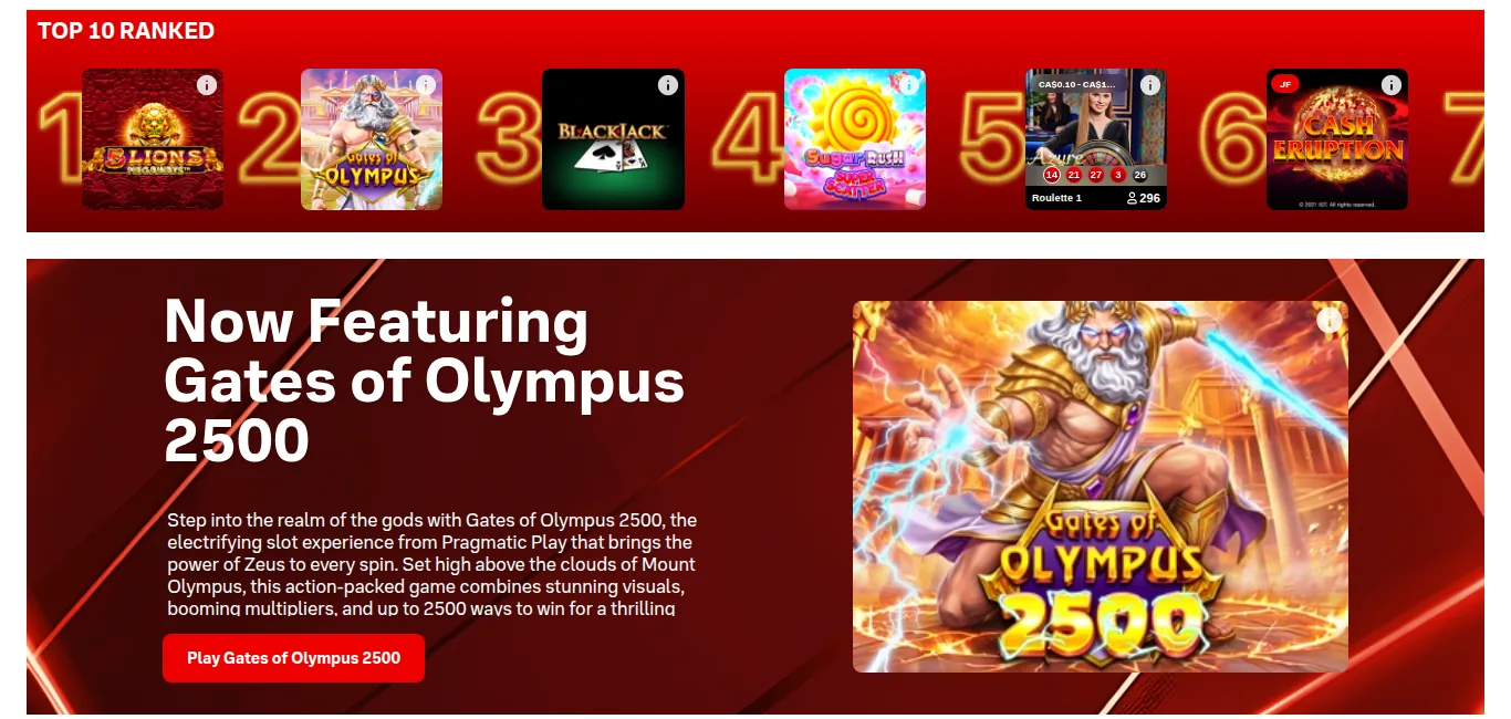 The Bally Bet Ontario casino lobby read from Toronto on 15 October 2026: the Top 10 Ranked shelf and Gates of Olympus 2500 from Pragmatic Play as the featured slot