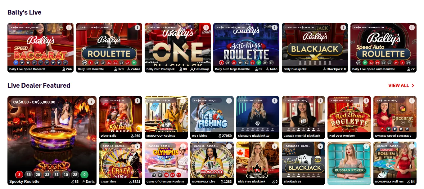The Bally’s Live row (Bally Live Speed Baccarat, Bally Live Roulette, Bally ONE Blackjack, Bally Auto Mega Roulette, Bally Blackjack X, Bally Live Speed Auto Roulette) and the Live Dealer Featured row in the Bally Bet Ontario lobby, 15 October 2026