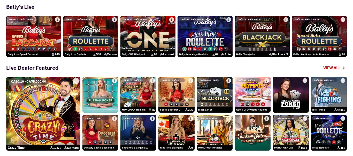 Bally’s Live branded tables and the Live Dealer Featured row in the Bally Bet Ontario lobby