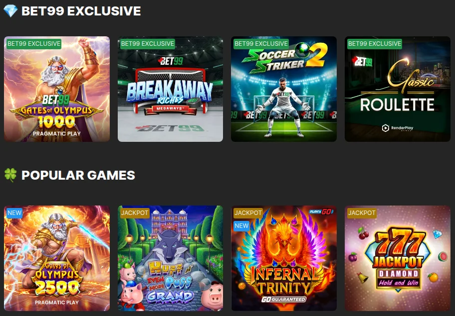 The BET99 Ontario casino lobby from Toronto: BET99 Exclusive row with BET99 Gates of Olympus 1000, BET99 Breakaway Riches Megaways, BET99 Soccer Striker 2 and BET99 Classic Roulette, above the Popular Games row