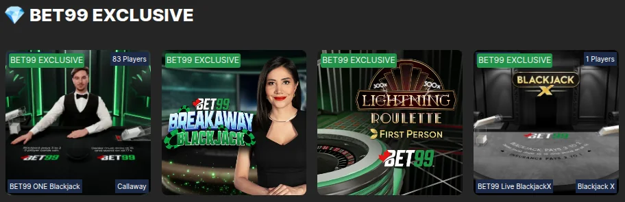 The BET99 Ontario live casino from Toronto: BET99 ONE Blackjack, BET99 Breakaway Blackjack, BET99 First Person Lightning Roulette and BET99 Live BlackjackX