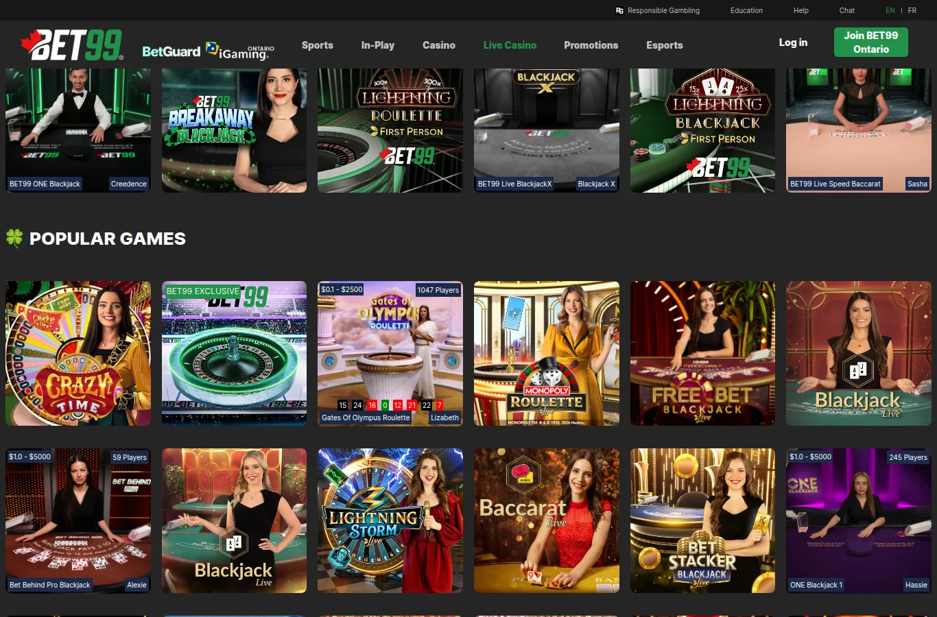 The BET99 Ontario live casino: BET99 ONE Blackjack, Breakaway Blackjack, First Person Lightning Roulette and BET99 Live BlackjackX