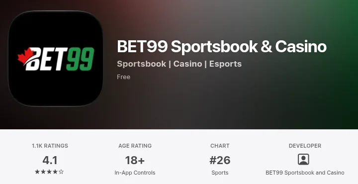 BET99 Sportsbook & Casino on the Canadian App Store on 15 October 2026: 4.1 from 1.1K ratings, number 26 in Sports