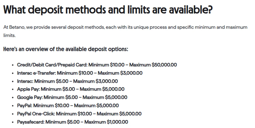 Betano's Ontario help centre listing a $5 minimum for Interac, Apple Pay, Google Pay and paysafecard, and $10 for cards, Interac e-Transfer and PayPal