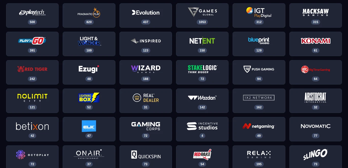 The Betano Ontario providers page in October 2026: 36 studios, each with its game count, led by Games Global 1053, Pragmatic Play 820, Playtech 500, Evolution 437 and Play’n GO 391