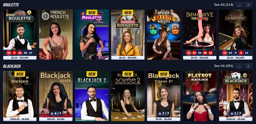 Betinia Ontario live casino roulette and blackjack rows with the table limits shown under each game, from $0.10 to $20,000